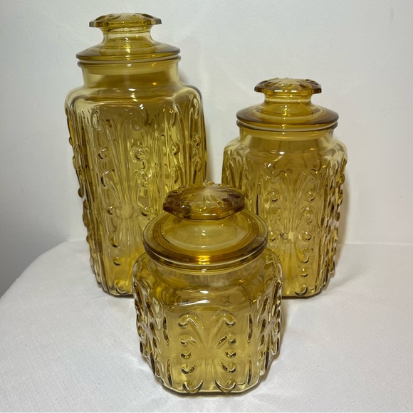 vintage L.E. Smith Imperial amber glass canisters  Atterbury Scroll pattern - Picture 2 of 6